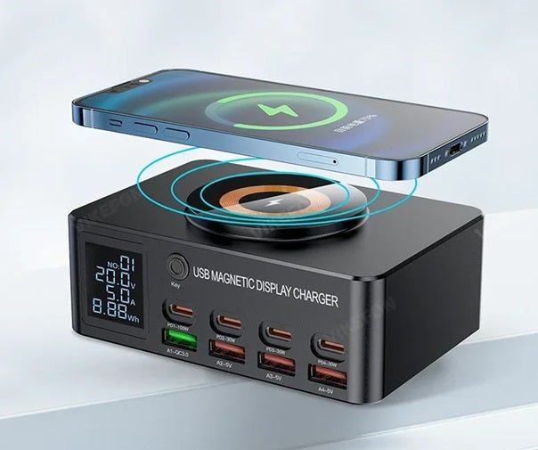 מטען שולחני GaN 1080W עם 8 יציאות – טעינה מהירה ל־MacBook, iPhone 15/16, Samsung ועוד