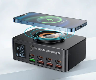 מטען שולחני GaN 1080W עם 8 יציאות – טעינה מהירה ל־MacBook, iPhone 15/16, Samsung ועוד